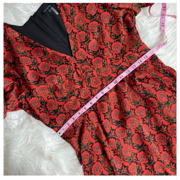 1 State Blooms Print Puff Sleeve V-Neck Fit & Flare Dress Wine Red L - Picture 12 of 13